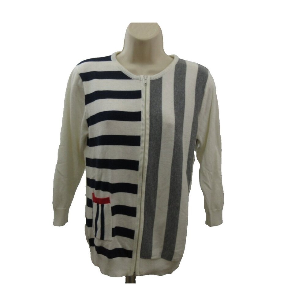 National Cardigan Sweater Womens Small Full Zip Stripes Blue White Long Sleeve